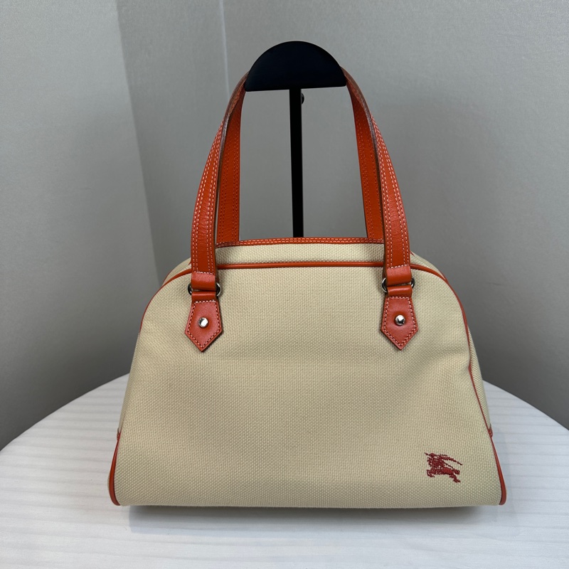 Burberry Blue Label 藍標帆布配橙色皮革滾邊手提包波士頓包29x16x20cm-10