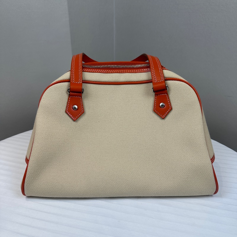 Burberry Blue Label 藍標帆布配橙色皮革滾邊手提包波士頓包29x16x20cm-11