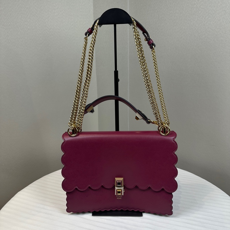芬迪/Fendi Kan I 中號花邊金扣紫紅色牛皮手提肩背包25x11x18cm-9