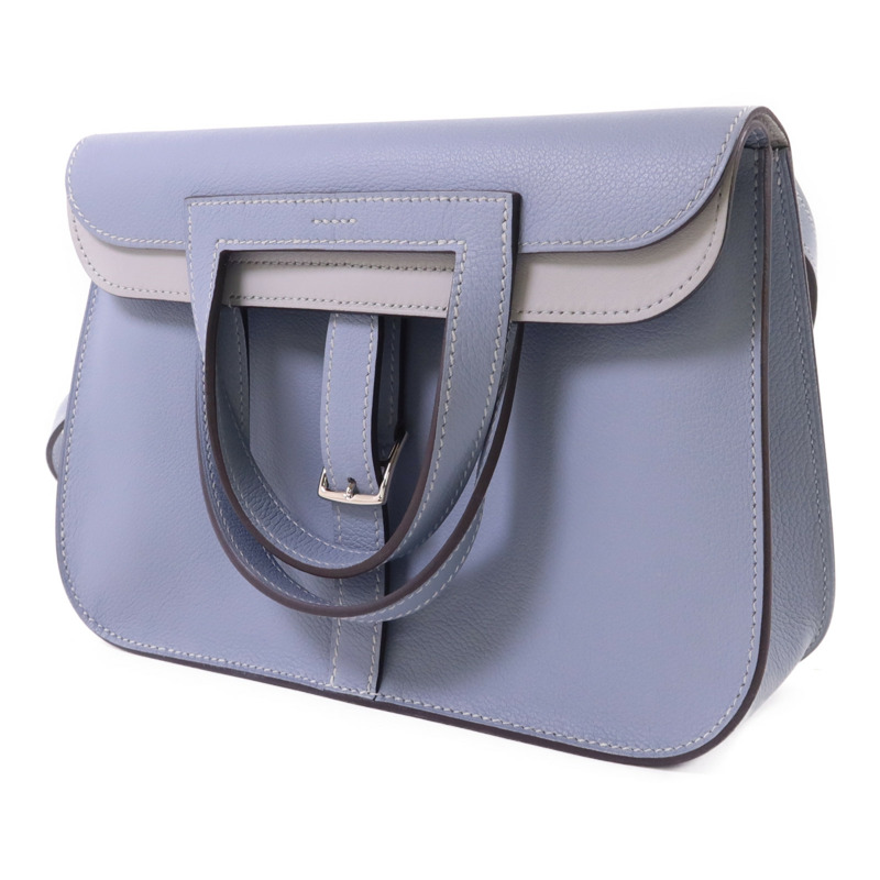 HERMES Evercolor皮革/Swift皮革Halzan 25銀扣手挽肩背兩用袋Bleu Lin/Gris Perle-2