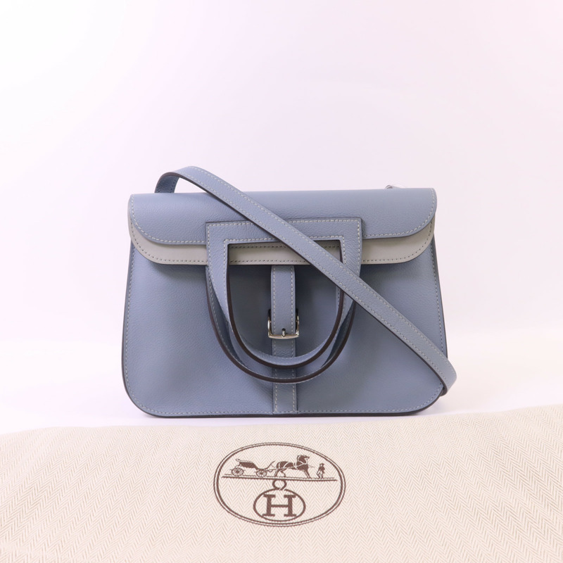 HERMES Evercolor皮革/Swift皮革Halzan 25銀扣手挽肩背兩用袋Bleu Lin/Gris Perle-13