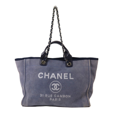 CHANEL 帆布Deauville Tote銀扣鏈帶手挽肩背兩用袋