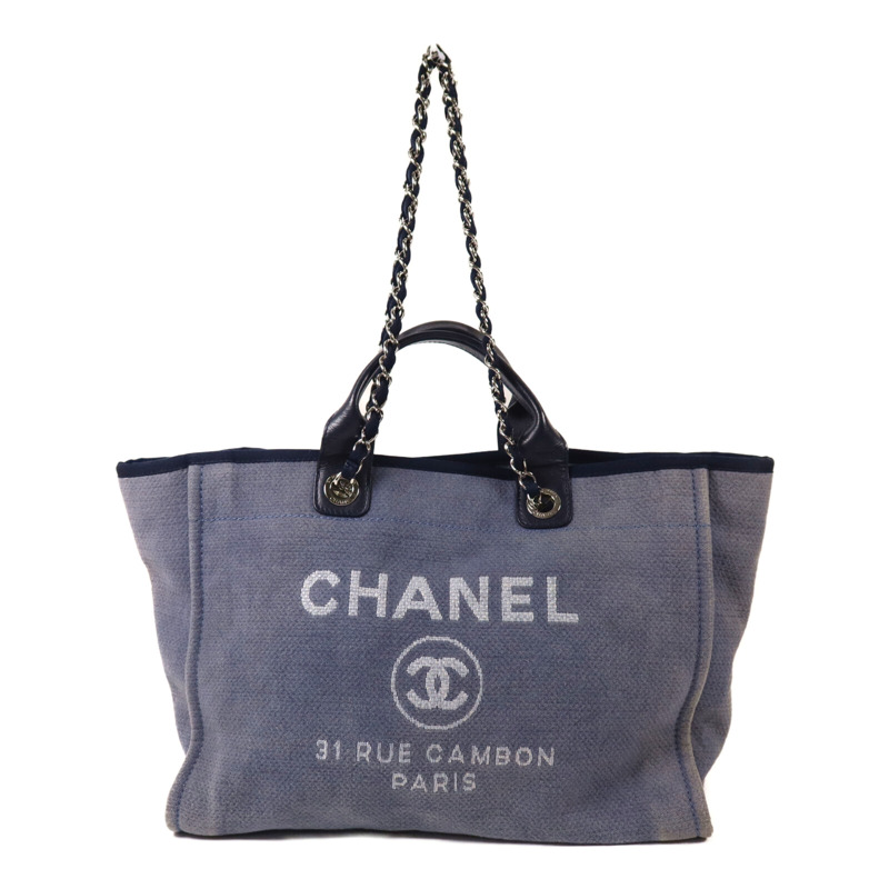 CHANEL 帆布Deauville Tote銀扣鏈帶手挽肩背兩用袋-0