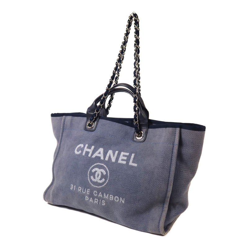 CHANEL 帆布Deauville Tote銀扣鏈帶手挽肩背兩用袋-2