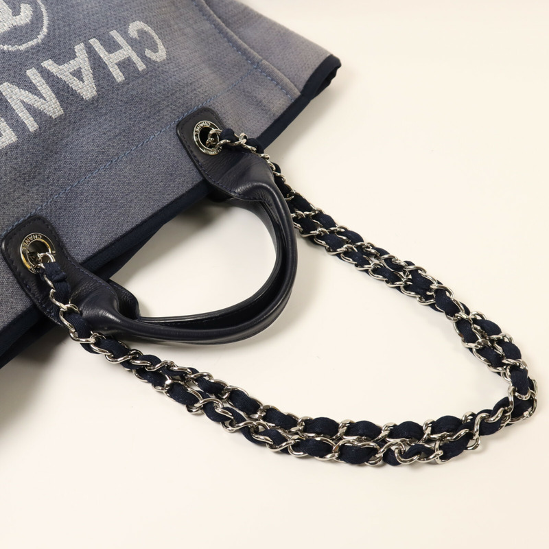 CHANEL 帆布Deauville Tote銀扣鏈帶手挽肩背兩用袋-7