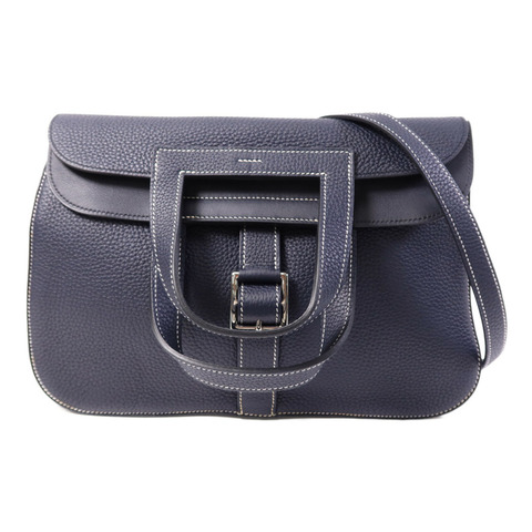 HERMES Clemence皮革Halzan 31銀扣手挽肩背兩用袋Bleu Nuit