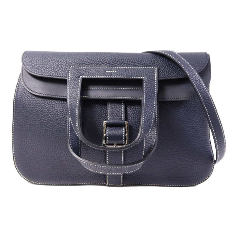 HERMES Clemence皮革Halzan 31銀扣手挽肩背兩用袋Bleu Nuit-0