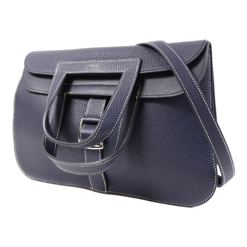 HERMES Clemence皮革Halzan 31銀扣手挽肩背兩用袋Bleu Nuit-2