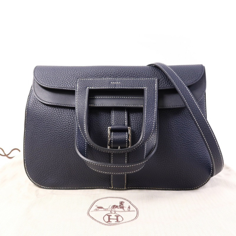 HERMES Clemence皮革Halzan 31銀扣手挽肩背兩用袋Bleu Nuit-13