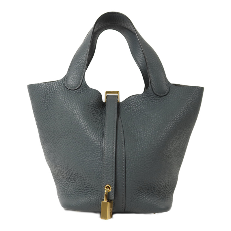 HERMES Clemence皮革Picotin PM金扣手挽袋Bleu Orage-0