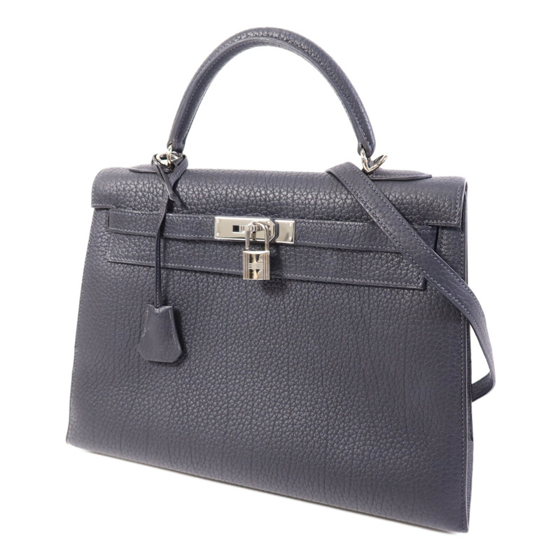 HERMES Fjord皮革Kelly 32銀扣手挽肩背兩用袋Navy-2