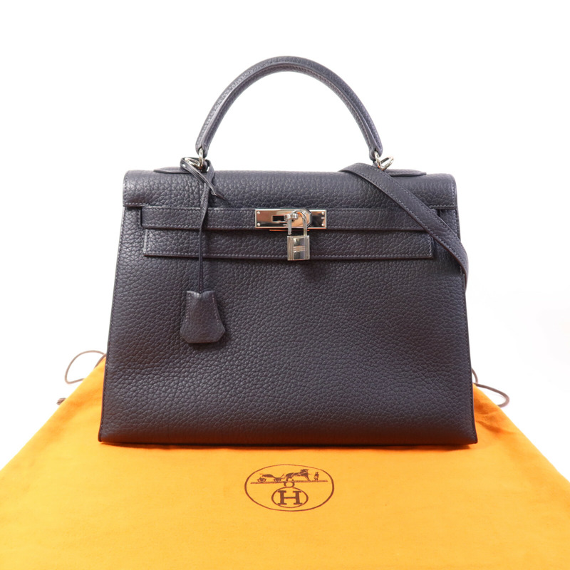 HERMES Fjord皮革Kelly 32銀扣手挽肩背兩用袋Navy-9