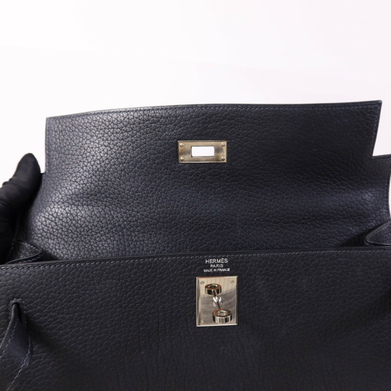 HERMES Fjord皮革Kelly 32銀扣手挽肩背兩用袋Navy-14