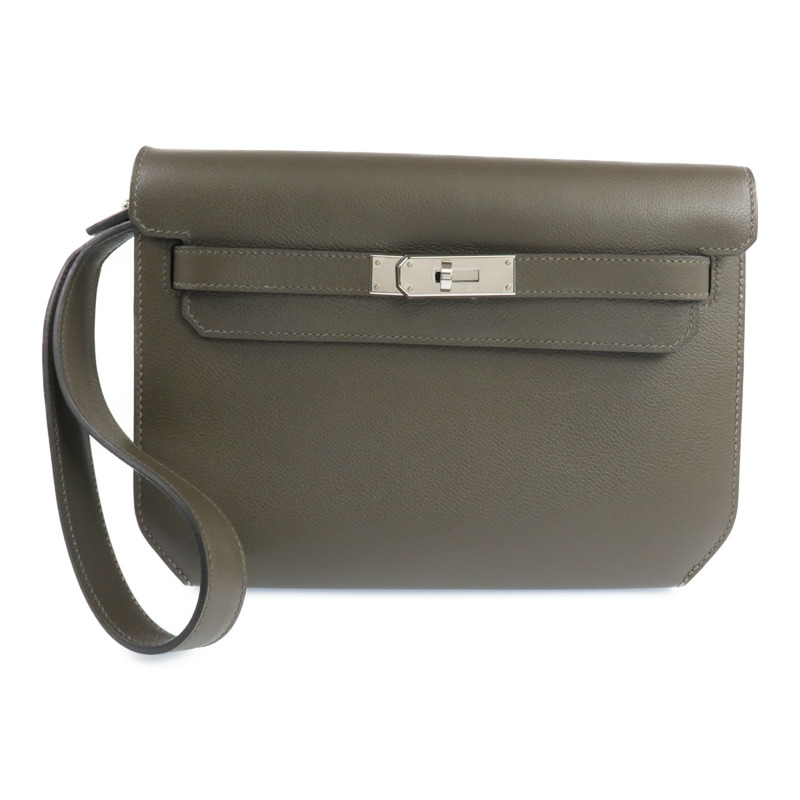 HERMES Evercolor皮革Kelly Depeches 25銀扣手拿包Vert Maquies-0