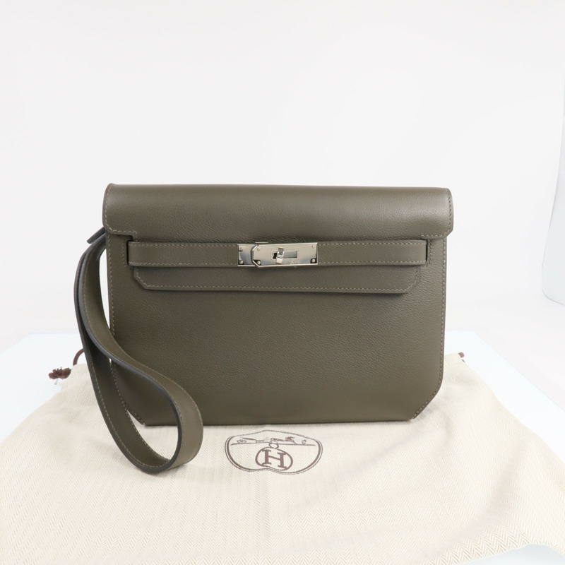 HERMES Evercolor皮革Kelly Depeches 25銀扣手拿包Vert Maquies-9