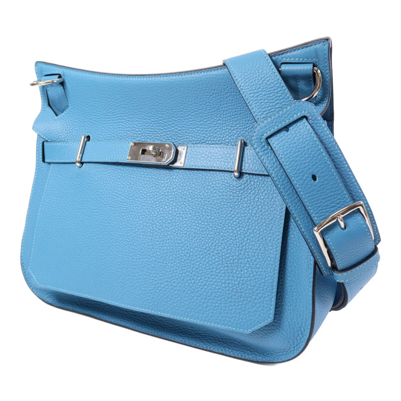 HERMES Clemence皮革Jypesiere 34銀扣肩背袋Turquoise-2