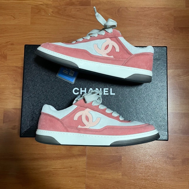 Chanel正品香奈兒雙c徽標 低幫板鞋 女款 粉白 36.5碼-0