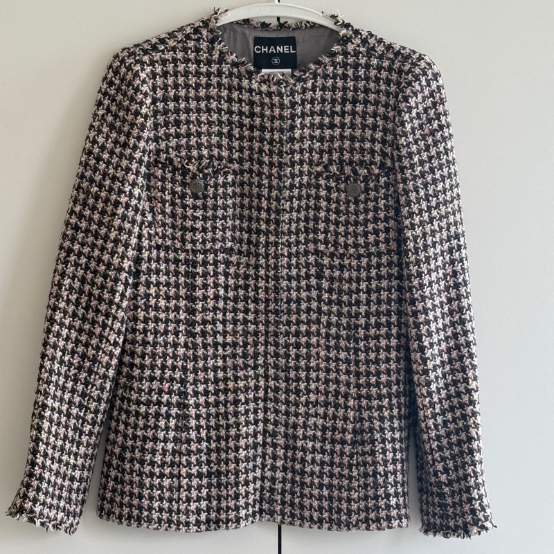CHANEL/ 香奈儿 黑粉格纹斜纹软呢外套千鳥格38 码-0