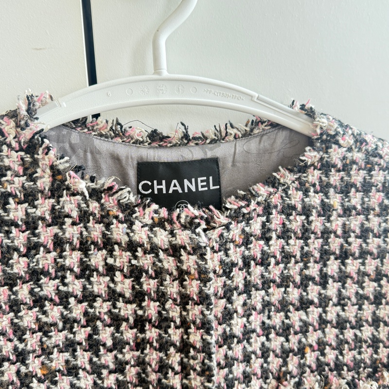 CHANEL/ 香奈儿 黑粉格纹斜纹软呢外套千鳥格38 码-2