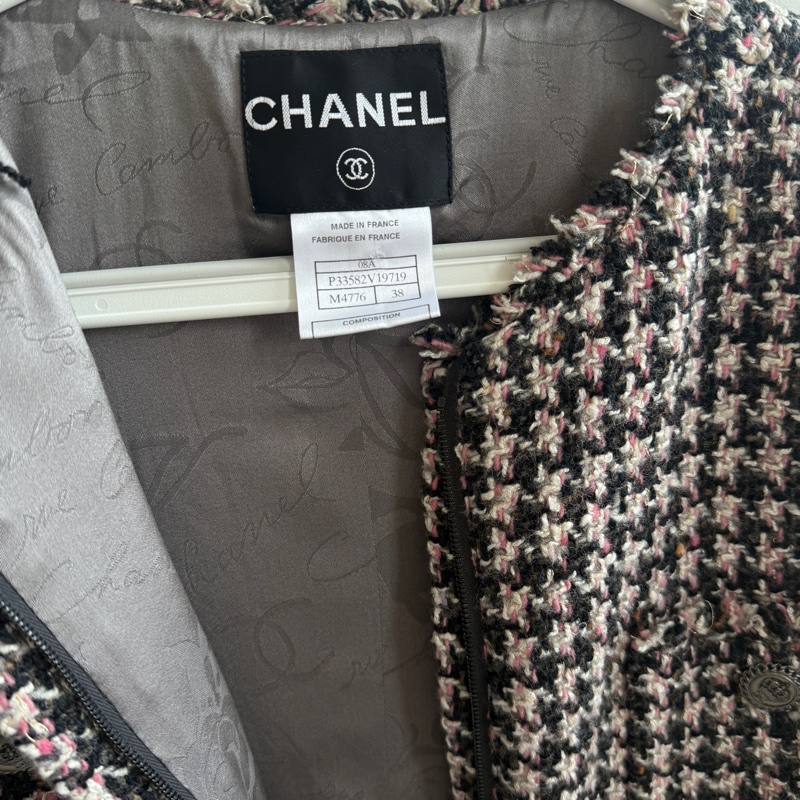 CHANEL/ 香奈儿 黑粉格纹斜纹软呢外套千鳥格38 码-3