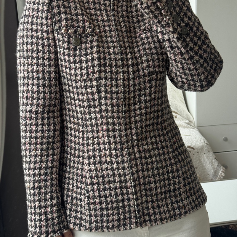 CHANEL/ 香奈儿 黑粉格纹斜纹软呢外套千鳥格38 码-5