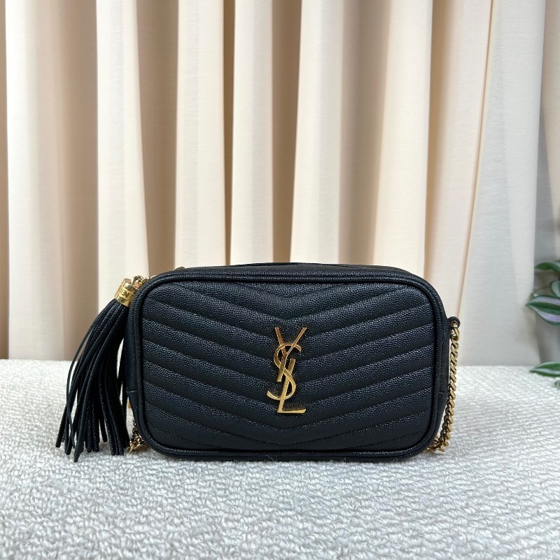 YSL聖羅蘭黑色荔枝紋流蘇相機包 採用绗縫V型標誌 容量合適 經典黑金配色 流蘇鏈條 可單肩可斜挎-0
