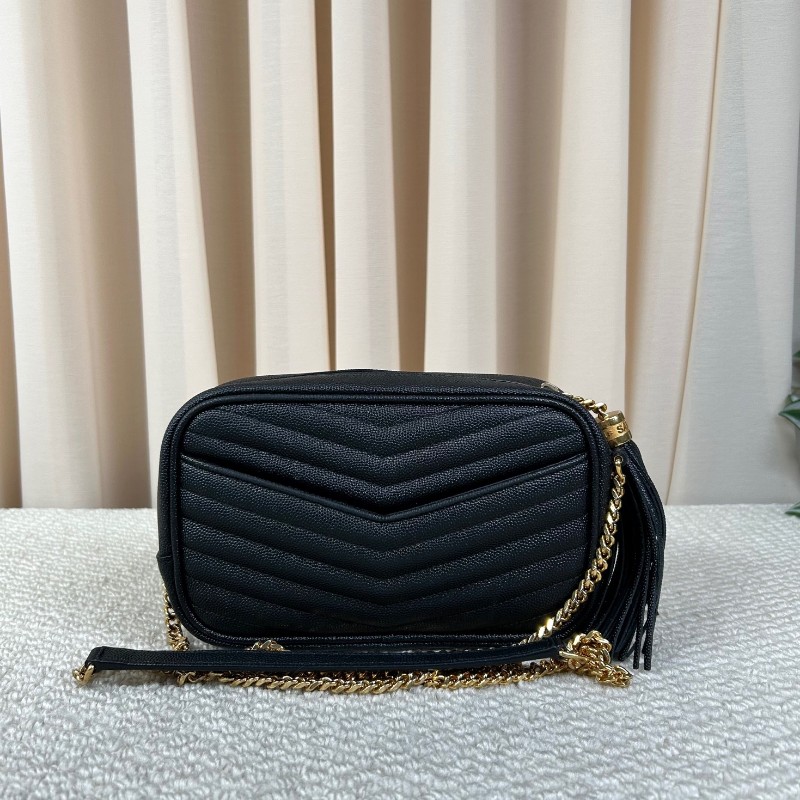 YSL聖羅蘭黑色荔枝紋流蘇相機包 採用绗縫V型標誌 容量合適 經典黑金配色 流蘇鏈條 可單肩可斜挎-1
