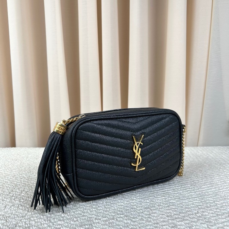 YSL聖羅蘭黑色荔枝紋流蘇相機包 採用绗縫V型標誌 容量合適 經典黑金配色 流蘇鏈條 可單肩可斜挎-6
