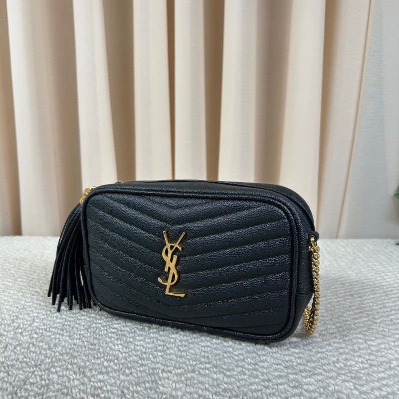 YSL聖羅蘭黑色荔枝紋流蘇相機包 採用绗縫V型標誌 容量合適 經典黑金配色 流蘇鏈條 可單肩可斜挎-7