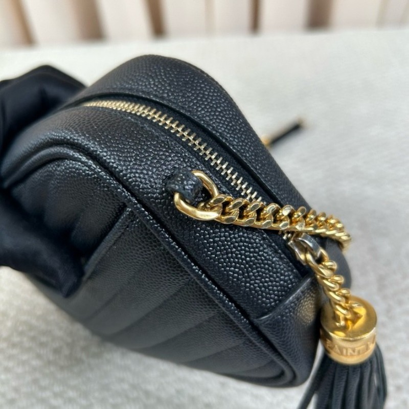 YSL聖羅蘭黑色荔枝紋流蘇相機包 採用绗縫V型標誌 容量合適 經典黑金配色 流蘇鏈條 可單肩可斜挎-27