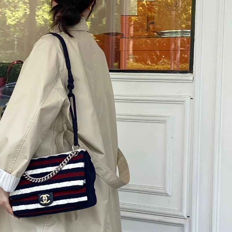 CHANEL海軍條紋銀扣CF大號jumbo 手提肩背斜背包30*19*7 98新配件塵袋保卡-0