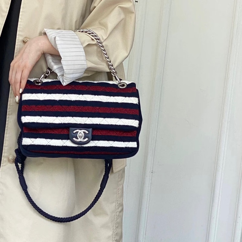 CHANEL海軍條紋銀扣CF大號jumbo 手提肩背斜背包30*19*7 98新配件塵袋保卡-1