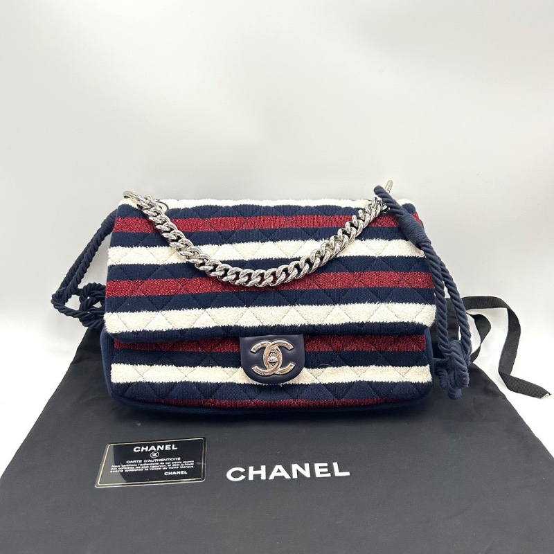 CHANEL海軍條紋銀扣CF大號jumbo 手提肩背斜背包30*19*7 98新配件塵袋保卡-2