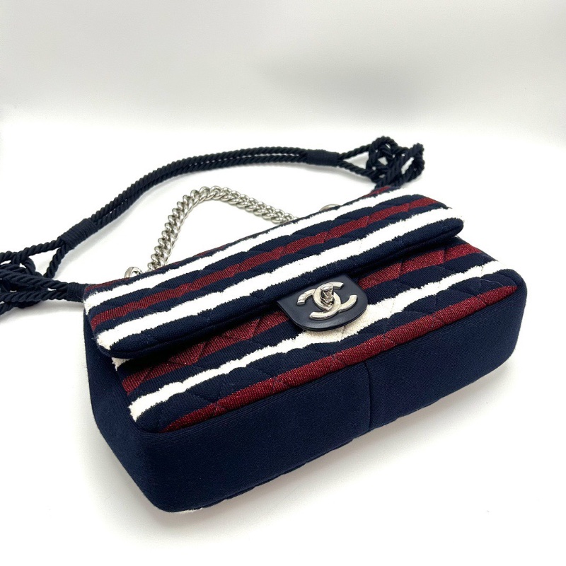 CHANEL海軍條紋銀扣CF大號jumbo 手提肩背斜背包30*19*7 98新配件塵袋保卡-4