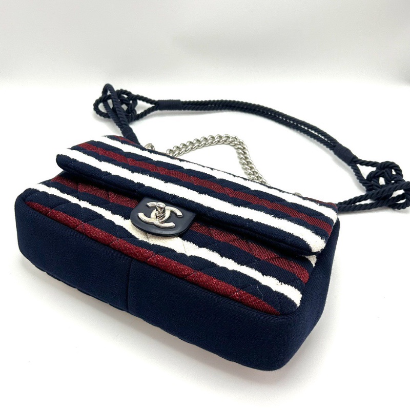 CHANEL海軍條紋銀扣CF大號jumbo 手提肩背斜背包30*19*7 98新配件塵袋保卡-5