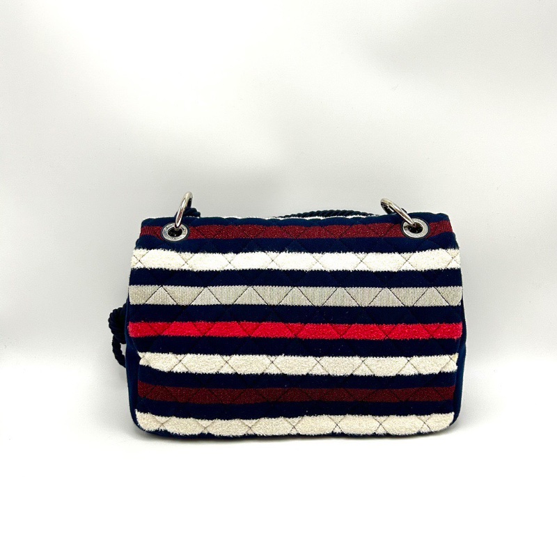 CHANEL海軍條紋銀扣CF大號jumbo 手提肩背斜背包30*19*7 98新配件塵袋保卡-6