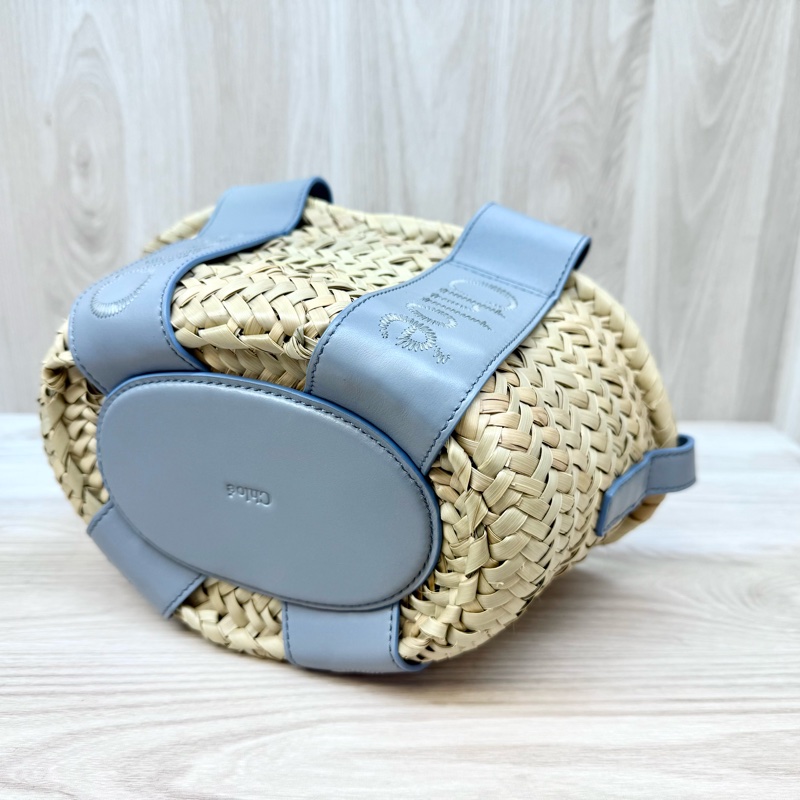 CHLOE灰藍色Sense字母刺繡小牛皮拼拉菲草編織包CHC23SS304J66-11