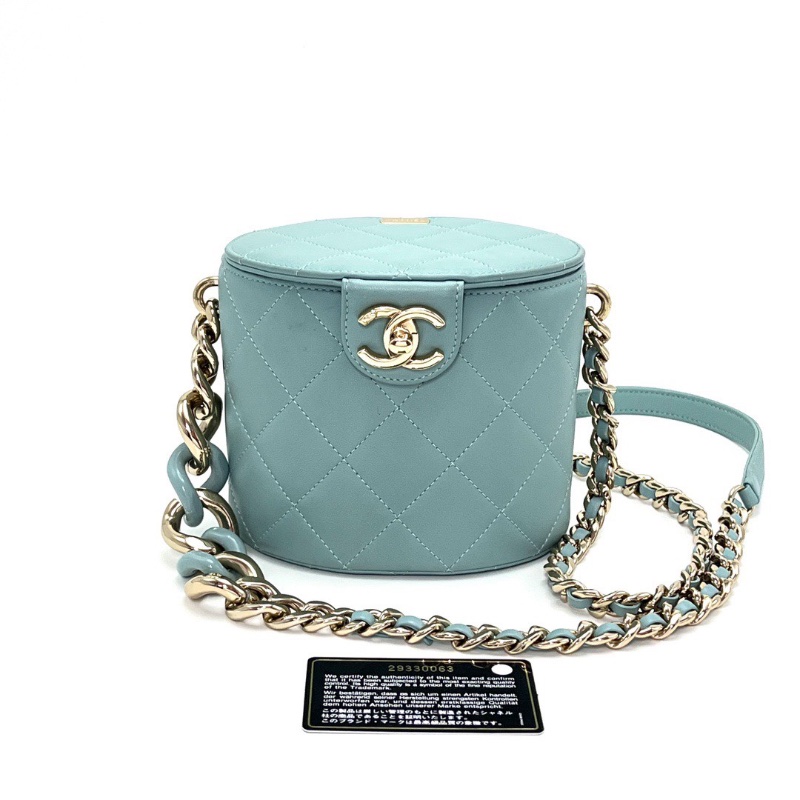 CHANEL 薄荷綠金扣 圓桶肩背斜背鏈條包 15*12.5*10 98新配件保卡塵袋-1
