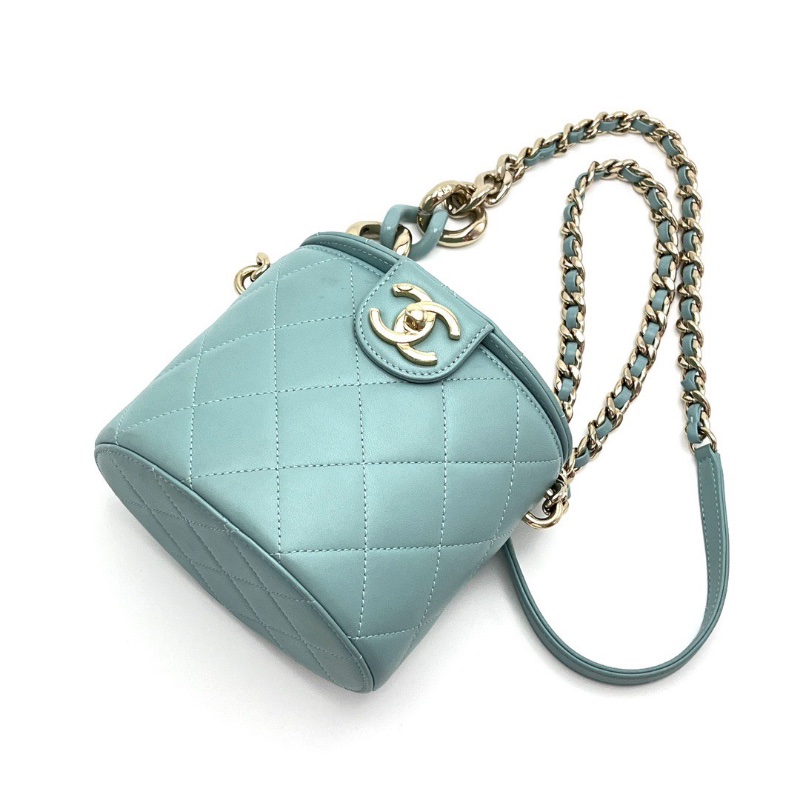 CHANEL 薄荷綠金扣 圓桶肩背斜背鏈條包 15*12.5*10 98新配件保卡塵袋-3
