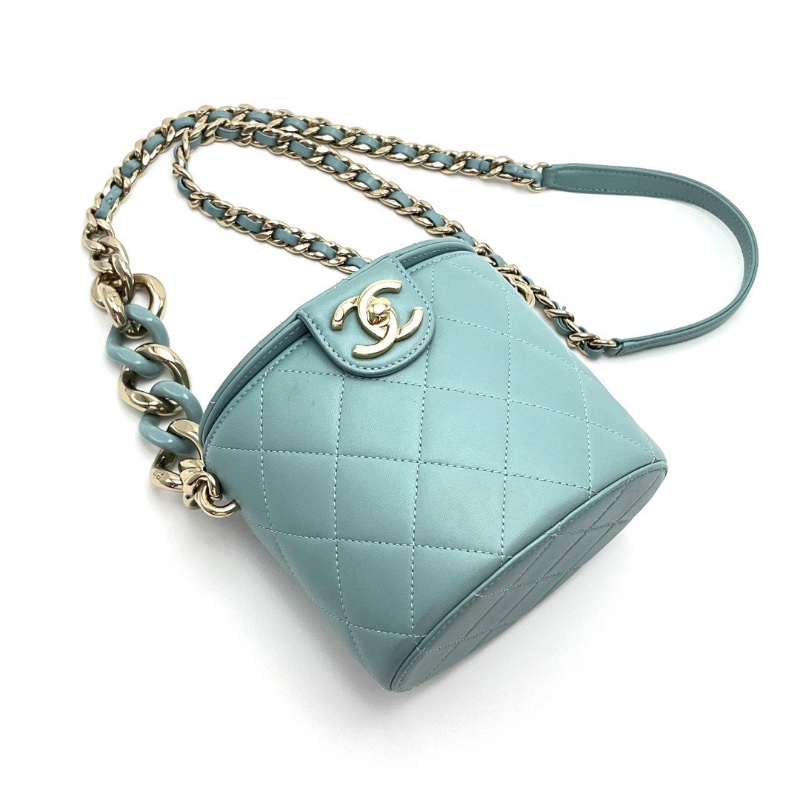 CHANEL 薄荷綠金扣 圓桶肩背斜背鏈條包 15*12.5*10 98新配件保卡塵袋-5