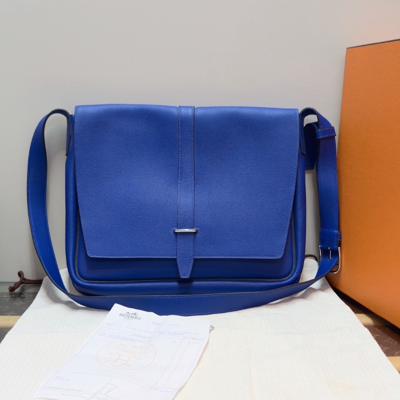 HERMES 海軍藍銀扣 Steve light junior肩背斜背郵差包33*26*5 98新配件盒子塵袋購證-1