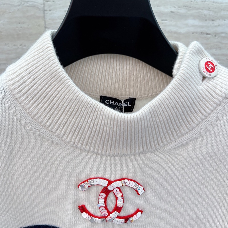 99新 Chanel/香奈兒 亮片雙C logo白色條紋花邊袖子針織毛衣38碼-2