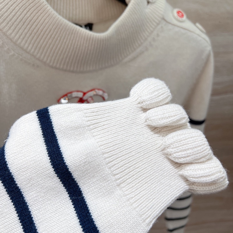 99新 Chanel/香奈兒 亮片雙C logo白色條紋花邊袖子針織毛衣38碼-5