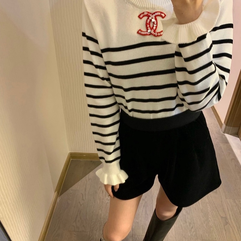 99新 Chanel/香奈兒 亮片雙C logo白色條紋花邊袖子針織毛衣38碼-6