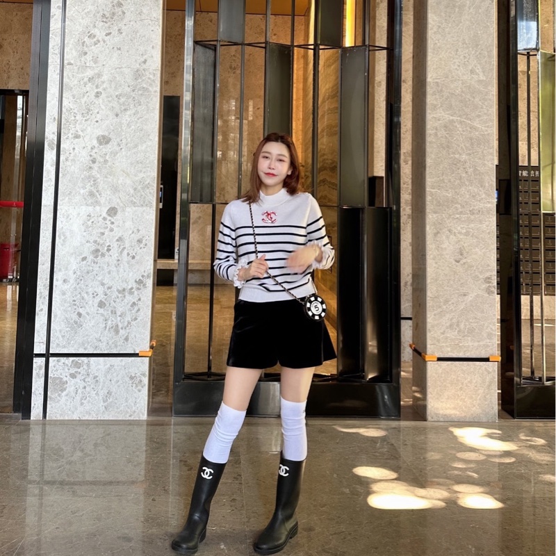 99新 Chanel/香奈兒 亮片雙C logo白色條紋花邊袖子針織毛衣38碼-7