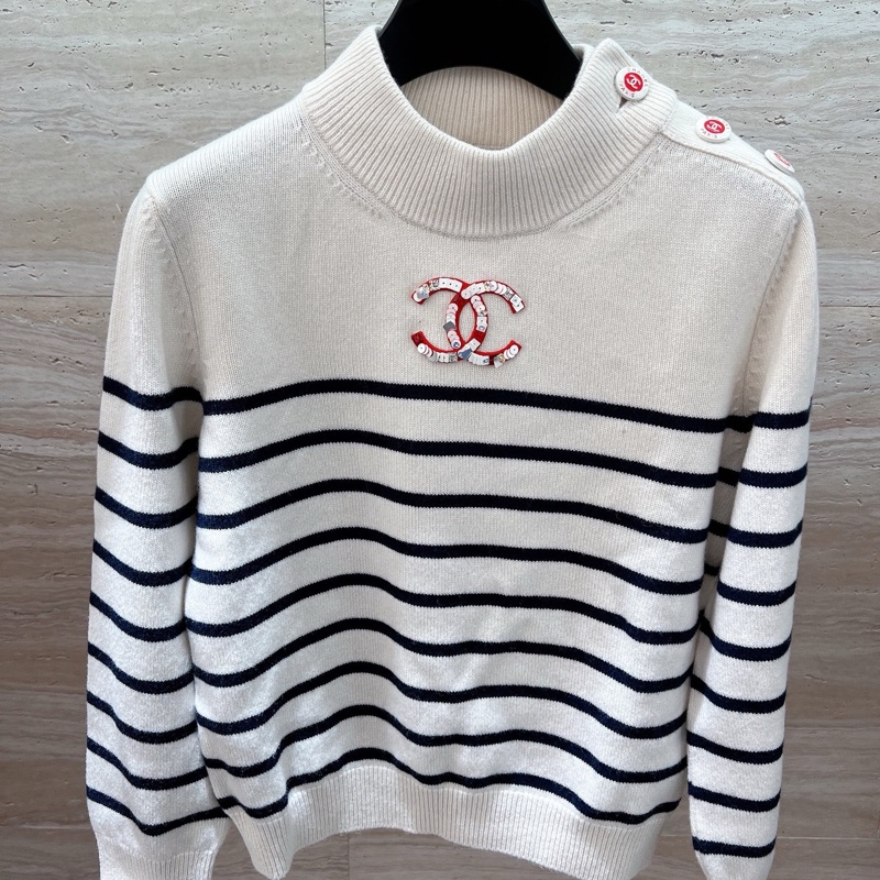 99新 Chanel/香奈兒 亮片雙C logo白色條紋花邊袖子針織毛衣38碼-8