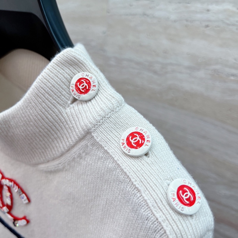 99新 Chanel/香奈兒 亮片雙C logo白色條紋花邊袖子針織毛衣38碼-15