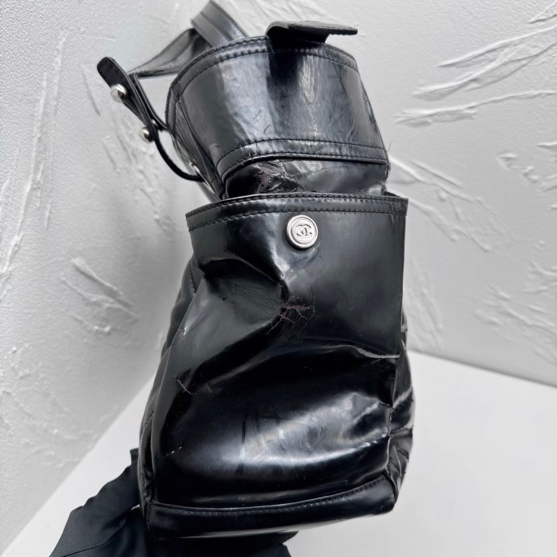 Chanel 中古黑色漆皮菱格紋單肩包托特包-3