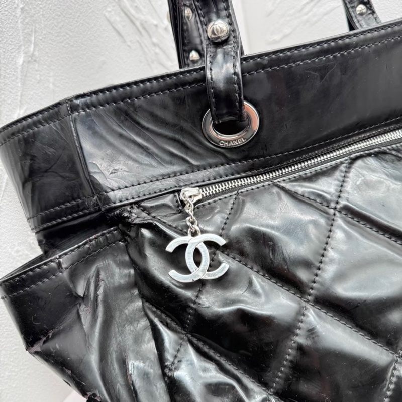 Chanel 中古黑色漆皮菱格紋單肩包托特包-5