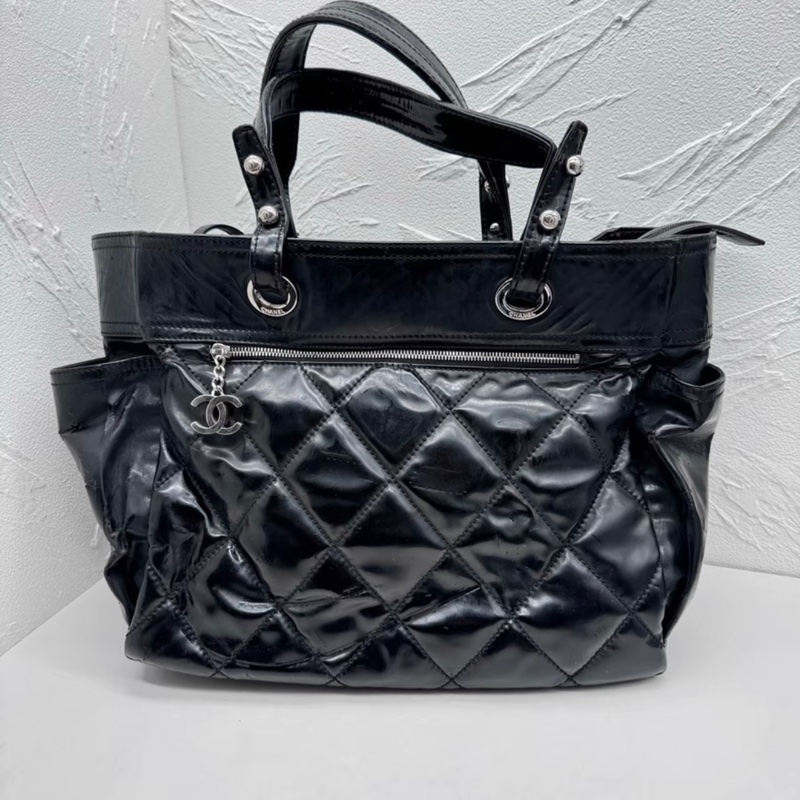 Chanel 中古黑色漆皮菱格紋單肩包托特包-9